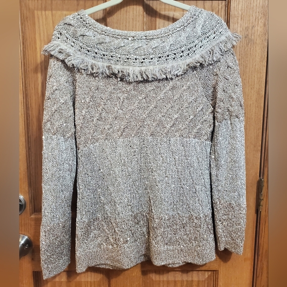 White House Black Market Fringe Sequin Metallic Colorblock Sweater Size M - Picture 2 of 8